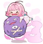  &gt;o&lt; 1girl bangs blue_hair blue_legwear blush chibi closed_eyes crossover crying eyebrows_visible_through_hair fang fangs floating frilled_legwear gas gen_1_pokemon hair_intakes idolmaster idolmaster_cinderella_girls koffing multicolored_hair no_shoes pill_earrings pink_hair pink_shirt pokemon pokemon_(creature) riding_pokemon shadow shiny shiny_hair shirt short_hair short_sleeves simple_background skull_and_crossbones smile socks t-shirt takatoo_kurosuke two-tone_hair white_background yumemi_riamu 