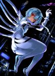  1girl ass ayanami_rei blue_hair bodysuit breasts cable commentary_request dark_background eyebrows_visible_through_hair from_side highres kumakou looking_at_viewer neon_genesis_evangelion plugsuit red_eyes short_hair solo tagme white_bodysuit 