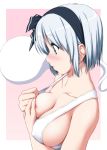  1girl bangs bare_arms bare_shoulders black_hairband black_ribbon blush border breasts cleavage collarbone commentary_request covered_nipples eyebrows_visible_through_hair from_side green_eyes hair_ribbon hairband highres hitodama konpaku_youmu konpaku_youmu_(ghost) large_breasts nori_tamago nose_blush outside_border pink_background profile ribbon short_hair sidelocks silver_hair simple_background solo tank_top touhou upper_body white_border white_tank_top 