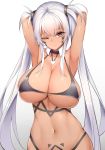  1girl alabama_(azur_lane) armpits arms_behind_head azur_lane bangs bikini black_bikini bodypaint breasts chixiao choker cleavage collarbone dark_skin detached_collar eyebrows_visible_through_hair facepaint hair_between_eyes head_tilt highleg highleg_bikini highres large_breasts long_hair looking_at_viewer native_american navel one_eye_closed red_eyes sidelocks silver_hair simple_background solo swimsuit twintails very_long_hair white_background 