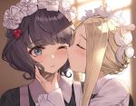  2girls ;t abigail_williams_(fate/grand_order) bangs black_dress black_hair blonde_hair blurry blurry_background blush braid butterfly_hair_ornament cheek_kiss closed_eyes closed_mouth collared_dress commentary_request depth_of_field dress eto_(nistavilo2) eyebrows_visible_through_hair fate/grand_order fate_(series) hair_ornament heroic_spirit_chaldea_park_outfit indoors katsushika_hokusai_(fate/grand_order) kiss long_hair multiple_girls one_eye_closed profile revision short_hair sidelocks upper_body yuri 