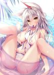  1girl animal_ear_fluff animal_ears areola_slip areolae ass bare_legs beach bikini bikini_top_removed blurry blush breasts cameltoe collarbone covering covering_breasts day depth_of_field fox_ears fox_girl fox_tail hair_between_eyes hair_censor highres innertube large_breasts leaf legs_up long_hair looking_at_viewer mouth_hold navel original outdoors silver_hair smile solo swimsuit tail tateha_(marvelous_grace) thighs very_long_hair water wet white_bikini yellow_eyes 
