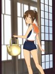  1girl annin_musou brown_eyes brown_hair commentary_request hair_ornament highres i-401_(kantai_collection) kantai_collection kettle long_hair ponytail sailor_collar school_swimsuit shirt sidelocks sleeveless sleeveless_shirt sliding_doors smile solo swimsuit swimsuit_under_clothes 