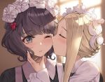  2girls ;t abigail_williams_(fate/grand_order) bangs black_dress black_hair blonde_hair blurry blurry_background blush braid butterfly_hair_ornament cheek_kiss closed_eyes closed_mouth collared_dress commentary_request depth_of_field dress eto_(nistavilo2) eyebrows_visible_through_hair fate/grand_order fate_(series) hair_ornament heroic_spirit_chaldea_park_outfit indoors katsushika_hokusai_(fate/grand_order) kiss long_hair multiple_girls one_eye_closed profile revision short_hair sidelocks upper_body yuri 