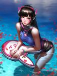  1girl bangs black_hair blunt_bangs bracelet breasts brown_eyes d.va_(overwatch) facial_mark headphones highres jewelry liang_xing lips long_hair looking_at_viewer medium_breasts one-piece_swimsuit overwatch partially_submerged patreon_username petals signature solo swept_bangs swimsuit water watermark web_address whisker_markings 