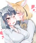  2girls absurdres animal_ear_fluff animal_ears aotan_(aorin114) black_hair blonde_hair blush breasts brown_eyes cheek_kiss closed_eyes collarbone common_raccoon_(kemono_friends) fang fennec_(kemono_friends) heart heart-shaped_pupils highres hug kemono_friends kiss lipstick_mark long_sleeves looking_at_another medium_hair multicolored_hair multiple_girls one_eye_closed open_mouth ribbon shirt short_sleeves simple_background skin_fang smile symbol-shaped_pupils tongue vest white_background white_shirt yuri 
