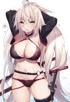  1girl ahoge armpits arms_behind_head bikini black_bikini black_choker black_jacket breasts choker cleavage commentary_request cropped_jacket day fate/grand_order fate_(series) jacket jeanne_d&#039;arc_(alter_swimsuit_berserker) jeanne_d&#039;arc_(fate)_(all) katana large_breasts long_hair muryotaro navel o-ring o-ring_bikini o-ring_bottom o-ring_top ocean outdoors rubber_band shrug_(clothing) silver_hair speech_bubble swimsuit sword thigh_strap very_long_hair weapon white_hair white_sky yellow_eyes 