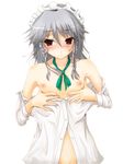  bare_shoulders blush bottomless braid dress_shirt flat_chest izayoi_sakuya kuku_px naked_shirt nipples no_bra red_eyes shirt silver_hair solo touhou twin_braids 