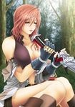  blue_eyes blush breasts carrot_works cleavage covered_nipples final_fantasy final_fantasy_xiii gloves large_breasts lightning_farron miniskirt skirt solo sword weapon 