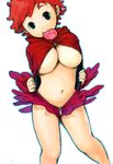  bad_id bad_pixiv_id boude_naguruzo breasts food gake_no_ue_no_ponyo ham large_breasts legs meat mouth_hold older open_clothes open_shirt ponyo red_hair shirt short_hair solo underboob unzipped 