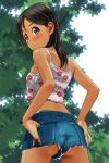  1girl absurdres ass backlighting bangs bare_arms bare_shoulders black_hair blue_shorts blush breasts brown_eyes camisole closed_mouth crop_top denim denim_shorts eyebrows_visible_through_hair fingernails floral_print highres long_hair looking_at_viewer looking_back matsunaga_kouyou midriff original panties print_camisole short_shorts shorts small_breasts smile solo tan tree underwear upshorts white_background white_camisole white_panties 