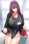  1girl black_swimsuit breasts clipboard commentary_request competition_swimsuit cowboy_shot fate/grand_order fate_(series) gachou hair_intakes holding huge_breasts id_card jacket long_hair looking_at_viewer megaphone name_tag one-piece_swimsuit open_clothes open_jacket purple_hair red_eyes scathach_(fate)_(all) scathach_(fate/grand_order) solo swimsuit translation_request very_long_hair 