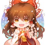  1girl ascot bangs blush bow brown_eyes brown_hair chibi detached_sleeves frilled_bow frilled_hair_tubes frilled_shirt_collar frills gohei hair_between_eyes hair_bow hair_tubes hakurei_reimu happy light_particles long_hair looking_at_viewer open_mouth outline patterned_background red_bow red_shirt red_skirt reflective_eyes ribbon-trimmed_sleeves ribbon_trim rope shangguan_feiying shimenawa shiny shiny_hair shirt skirt smile solo touhou upper_body white_background wide_sleeves yellow_neckwear 