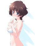  1girl akaboshi_koume bangs bikini blue_eyes blush breasts brown_hair cleavage clenched_hands closed_mouth commentary dated eyebrows_visible_through_hair from_behind girls_und_panzer highres kuzuryuu_kennosuke looking_at_viewer medium_breasts navel short_hair simple_background skindentation smile solo standing swimsuit twitter_username upper_body wavy_hair white_background white_bikini 