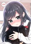  1boy 1girl admiral_(kantai_collection) asashio_(kantai_collection) black_dress black_hair blue_eyes blurry blurry_background blush bow commentary_request depth_of_field dress fingernails hug k_hiro kantai_collection long_hair long_sleeves nose_blush parted_lips pinafore_dress red_bow remodel_(kantai_collection) shirt sleeveless sleeveless_dress spoken_blush sweat wavy_mouth white_shirt 