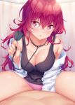  1girl bangs bare_shoulders black_shirt breasts character_request cleavage collarbone commentary_request hair_between_eyes highres holding ichi_makoto large_breasts long_hair looking_at_viewer messy_hair no_pants off_shoulder open_clothes open_shirt panties parted_lips pink_panties red_eyes red_hair shirt shuumatsu_no_harem sleeveless sleeveless_shirt solo stethoscope sweat tank_top thighs undershirt underwear white_shirt 