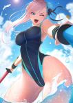  1girl arm_up armpits bangs blue_eyes blue_sky blue_swimsuit blush breasts cloud competition_swimsuit day dual_wielding fate/grand_order fate_(series) floating_hair hair_bun highres holding imizu_(nitro_unknown) jewelry large_breasts leg_up long_hair looking_at_viewer miyamoto_musashi_(fate/grand_order) one-piece_swimsuit one_eye_closed open_mouth outdoors sidelocks sky solo splashing swimsuit upper_body wading wet white_hair wristband 