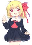  1girl :d absurdres ascot bangs black_dress blonde_hair blush bow commentary_request dress esureki eyebrows_visible_through_hair fang hair_between_eyes hair_bow highres long_hair long_sleeves looking_at_viewer open_mouth red_bow red_eyes red_neckwear rumia sailor_collar sailor_dress simple_background skirt_hold sleeves_past_wrists smile solo touhou white_background white_sailor_collar 