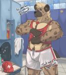  absurd_res clothing dialogue hi_res hyaenid lifeguard male mammal milkydynamike muscular muscular_male spotted_hyena undressing 