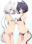  2girls animal_ear_fluff animal_ears bikini black_hair blue_bikini blue_eyes blush breasts cat_ears cat_tail eyebrows_visible_through_hair hair_between_eyes hair_ornament hair_ribbon highres interlocked_fingers kemonomimi_mode konno_junko long_hair looking_at_viewer low_twintails mel_(melty_pot) mizuno_ai multiple_girls navel open_mouth ribbon short_hair side-tie_bikini silver_hair simple_background small_breasts smile standing stomach swimsuit tail twintails zombie_land_saga 