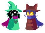  1boy 1other :3 animal_ears animal_hat cat_hat deltarune frigadae glasses green_headwear hat heart heart_print looking_at_viewer lowres niko_(oneshot) oneshot_(game) pink_scarf pixel_art purple_hair purple_scarf ralsei scarf standing white-framed_eyewear yellow_eyes yellow_sclera 