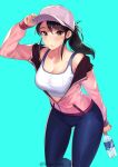  1girl adjusting_clothes adjusting_hat aqua_background artist_name bangs bare_shoulders baseball_cap blue_pants blush bottle breasts brown_eyes brown_hair cleavage collarbone fingernails hand_up hat highres holding holding_bottle jacket kagematsuri large_breasts long_hair long_sleeves looking_at_viewer mole mole_on_breast mole_under_eye original pants parted_lips pink_headwear pink_jacket ponytail shiny shiny_hair shiny_skin simple_background solo tank_top track_jacket twitter_username water_bottle watermark zipper zipper_pull_tab 