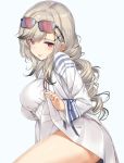  1girl :p azur_lane bangs blue_background blush breasts butterfly_hair_ornament dress dunkerque_(afternoon_aphrodite)_(azur_lane) dunkerque_(azur_lane) eyebrows_visible_through_hair eyewear_on_head grey_hair hair_ornament hat jacket jewelry large_breasts long_hair looking_at_viewer sidelocks simple_background sitting solo sunglasses takayaki tongue tongue_out white_dress white_jacket 