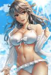  1girl :d alternate_costume bikini black_hair blue_sky blush breasts brown_eyes cleavage cloud collarbone cowboy_shot day floating_hair frilled_bikini frills groin hair_ornament hairband hairclip haruna_(kantai_collection) highres jacket kantai_collection kokuzoo large_breasts long_hair looking_at_viewer navel off_shoulder open_clothes open_jacket open_mouth outdoors sky smile solo stomach sunlight swimsuit toned wet_jacket white_bikini 