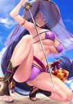  1girl armlet ass bangs bare_shoulders beach beads bikini blue_sky blush breasts choker cleavage eyepatch_bikini fate/grand_order fate_(series) feet hair_between_eyes highres ichimegasa katana large_breasts lens_flare long_hair looking_at_viewer low-tied_long_hair minamoto_no_raikou_(fate/grand_order) minamoto_no_raikou_(swimsuit_lancer)_(fate) navel okitakung parted_bangs parted_lips purple_bikini purple_eyes purple_hair rope sand sandals sheath side-tie_bikini sky smile solo squatting swimsuit sword thighs toes veil very_long_hair weapon 