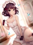  1girl animal apron backlighting bangs bare_arms bare_shoulders black_gloves blurry blurry_background blush breasts bug butterfly cleavage closed_mouth commentary_request depth_of_field dutch_angle eyebrows_visible_through_hair fate/grand_order fate_(series) gloves hair_ornament indoors insect katsushika_hokusai_(fate/grand_order) looking_at_viewer medium_breasts naked_apron purple_eyes purple_hair short_hair sitting solo touwa_nikuman yokozuwari 
