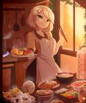  1girl 2019 apron artist_name bamboo_steamer bangs basket blonde_hair borrowed_character bowl checkerboard_cookie chopsticks commentary cookie dango earrings english_commentary food fried_egg_on_toast green_eyes hair_ornament hairclip head_tilt highres indoors jewelry kitchen looking_at_viewer merunyaa miso_soup necklace noodles obentou omurice onigiri original patreon_username pixiv_username plate puffy_sleeves ramen rice sammy_(bestsammy) sausage short_hair shrimp shrimp_tempura signature smile solo sparkle spatula spoon steam stove taiyaki tako-san_wiener tempura wagashi watermark whisk white_apron window 
