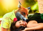 anthro breasts canid canine clothed clothing digital_media_(artwork) disney duo edit female fox fur green_eyes human interspecies licking loryrudess male male/female mammal nick_wilde photo_manipulation photography_(artwork) photomorph real red_fox smile teeth tongue tongue_out zootopia 