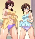  2girls apron blue_apron blue_eyes blurry breasts brown_hair closed_mouth covered_nipples depth_of_field gegege_no_kitarou hair_ornament hairclip hemonemo inuyama_junko inuyama_mana large_breasts lifted_by_self looking_at_viewer medium_breasts mother_and_daughter multiple_girls navel open_mouth panties ponytail purple_panties smile standing sweatdrop underwear yellow_apron 