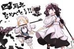  0_0 2girls :d abigail_williams_(fate/grand_order) animal apron bangs black_dress black_footwear black_gloves blonde_hair bloomers blush_stickers braid butterfly_hair_ornament commentary_request crossed_bandaids cup dress eyebrows_visible_through_hair fate/grand_order fate_(series) gloves hair_ornament heroic_spirit_chaldea_park_outfit highres holding holding_cup ink jacket katsushika_hokusai_(fate/grand_order) keyhole long_hair long_sleeves maid_apron maid_headdress mary_janes multiple_girls neon-tetora octopus open_clothes open_jacket open_mouth parted_bangs pouring purple_eyes purple_hair shirt shoes sidelocks sleeveless sleeveless_dress sleeves_past_fingers sleeves_past_wrists smile standing standing_on_one_leg teacup teapot tentacles tokitarou_(fate/grand_order) translation_request underwear v-shaped_eyebrows very_long_hair white_apron white_background white_bloomers white_jacket white_shirt 
