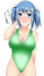  1girl blue_eyes blue_hair blush breasts casual_one-piece_swimsuit cleavage collarbone green_swimsuit highleg highleg_swimsuit highres kantai_collection large_breasts long_hair looking_at_viewer one-piece_swimsuit open_mouth ribbon rikkii_(likito_yuzu_is) round_teeth simple_background solo souryuu_(kantai_collection) swimsuit teeth translation_request twintails upper_teeth white_background white_ribbon 