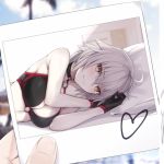  1girl bed bedroom bee_doushi bikini black_bikini black_choker blurry blurry_background breasts choker cleavage cloud cloudy_sky commentary_request fate/grand_order fate_(series) heart holding_photo jeanne_d&#039;arc_(alter_swimsuit_berserker) jeanne_d&#039;arc_(fate)_(all) large_breasts long_hair lying o-ring o-ring_bikini o-ring_top on_bed on_side palm_tree pillow silver_hair sky smile swimsuit tree yellow_eyes 
