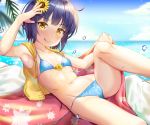  1girl :q arm_up bangs bare_arms bare_shoulders bikini blue_bikini blue_hair blue_sky blurry blurry_background blush breasts cloud collarbone commentary_request day depth_of_field drawstring eyebrows_visible_through_hair feet_out_of_frame floral_print flower gochuumon_wa_usagi_desu_ka? hair_flower hair_ornament holding horizon jacket jouga_maya knee_up looking_at_viewer lying navel niiya ocean on_back open_clothes open_jacket outdoors palm_tree short_hair side-tie_bikini sky sleeveless sleeveless_jacket small_breasts solo sunflower swimsuit tongue tongue_out tree untied untied_bikini water yellow_eyes yellow_flower yellow_jacket 
