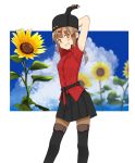  1girl annin_musou arms_up blurry blurry_background cloud fingerless_gloves flower gloves grin hair_ornament hairclip highres kantai_collection no_scarf pantyhose papakha red_shirt shirt sky smile solo star sunflower tashkent_(kantai_collection) 