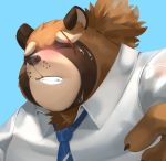  blush bodily_fluids canid canine clenched_teeth clothing gyobu jmeo1230 male mammal necktie ponytail raccoon_dog scar sex_face suit sweat tanuki teeth tokyo_afterschool_summoners video_games 