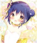  1girl :d alternate_hairstyle arms_up bangs bare_shoulders blue_hair blush bow breasts brown_eyes character_name collarbone commentary_request detached_sleeves double_bun dress eyebrows_visible_through_hair gochuumon_wa_usagi_desu_ka? hair_between_eyes hair_bow hair_up happy_birthday jouga_maya open_mouth puffy_short_sleeves puffy_sleeves shiratama_(shiratamaco) short_hair short_sleeves small_breasts smile solo strapless strapless_dress striped striped_bow upper_body white_dress white_sleeves yellow_bow 
