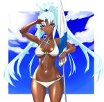  1girl bikini blue_eyes blue_hair blush breasts dark_skin dolling60883582 dollinger highres large_breasts long_hair looking_at_viewer open_mouth ponytail simple_background sky smile solo swimsuit tokiha_(xenoblade) umbrella white_background white_hair xenoblade_(series) xenoblade_2 