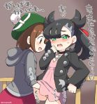  2girls bangs black_hair black_jacket blush brown_eyes brown_hair choker commentary dress eromame female_protagonist_(pokemon_swsh) green_headwear grey_cardigan hand_under_clothes hand_under_skirt heart jacket long_sleeves looking_at_another marie_(pokemon) multicolored_hair multiple_girls open_mouth pink_dress pokemon pokemon_(game) pokemon_swsh short_hair simple_background smile sweat tam_o&#039;_shanter translated twitter_username two-tone_hair two_side_up yuri 