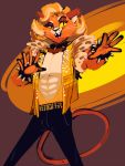  2019 anthro blonde_hair bracelet cats_(musical) cheek_tuft clothed clothing collar domestic_cat eyebrows felid feline felis fully_clothed fur hair jewelry male mammal open_mouth open_smile orange_fur rum_tum_tugger sharp_teeth smile smutbooru solo spiked_bracelet spiked_collar spikes standing teeth tuft whiskers yellow_eyes 