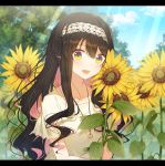  1girl :d bangs black_hair blush casual collarbone commentary_request day eyebrows_visible_through_hair fang flower hair_between_eyes hairband hiiragi_souren holding holding_flower jewelry kantai_collection leaf letterboxed light_rays looking_at_viewer multicolored multicolored_eyes multicolored_hair naganami_(kantai_collection) necklace open_mouth outdoors pink_hair plant purple_eyes shirt short_sleeves smile solo sunbeam sunflower sunlight two-tone_hair upper_body white_hairband yellow_eyes yellow_shirt 