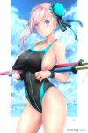  1girl asymmetrical_hair bangs bare_shoulders black_ribbon black_swimsuit blue_eyes blue_sky blue_swimsuit blush breasts bun_cover cleavage closed_mouth collarbone covered_navel fate/grand_order fate_(series) hair_bun hair_ribbon highleg highleg_swimsuit large_breasts long_hair looking_at_viewer miyamoto_musashi_(fate/grand_order) ocean one-piece_swimsuit pink_hair rei_kun ribbon sideboob sky smile solo swept_bangs swimsuit swimsuit_pull thighs toy_sword two-tone_swimsuit wristband 