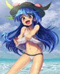  1girl :d adapted_costume ass_visible_through_thighs bangs bare_arms bare_shoulders black_headwear blue_hair blue_sky blush cloud commentary_request cowboy_shot day eyebrows_visible_through_hair food fruit groin hair_between_eyes highres hinanawi_tenshi leaf lifted_by_self long_hair looking_at_viewer navel open_mouth outdoors peach red_eyes shope single_sidelock sky smile solo standing stomach tank_top tank_top_lift thighs touhou very_long_hair water white_bikini_bottom white_tank_top 