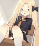  1girl abigail_williams_(fate/grand_order) bangs black_bow black_serafuku black_shirt black_skirt blonde_hair blue_eyes blush bow breasts chair fate/grand_order fate_(series) forehead hair_bow kneehighs long_hair long_sleeves looking_at_viewer neckerchief open_mouth orange_bow orange_neckwear parted_bangs school_uniform serafuku shirt sitting skirt small_breasts solo thighs very_long_hair white_legwear yura_(botyurara) 