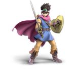  1boy 3d 3d_(artwork) belt black_hair boots brown_eyes cape clothed clothing dragon_quest dragon_quest_iii eyebrows fighting_stance gloves hair hair_ornament hero_(dq3) highres holding holding_shield holding_sword male male_focus male_only nintendo official_art roto sheath shield spiked_hair square_enix strap super_smash_bros. sword unsheathed 