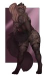  accelo anthro clothing felid female hair hi_res legwear lingerie looking_back mammal pantherine simple_background smile snow_leopard solo standing stockings 