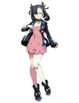  1girl ankle_boots aqua_eyes asymmetrical_bangs bangs bare_legs black_choker black_footwear black_hair black_jacket boots breasts choker cleavage covered_navel dress full_body genzoman hair_ribbon hand_on_own_chest holding holding_poke_ball jacket long_hair long_sleeves looking_at_viewer marie_(pokemon) open_clothes open_jacket parted_lips pink_dress poke_ball poke_ball_(generic) pokemon red_ribbon ribbon simple_background smile solo standing twintails white_background 